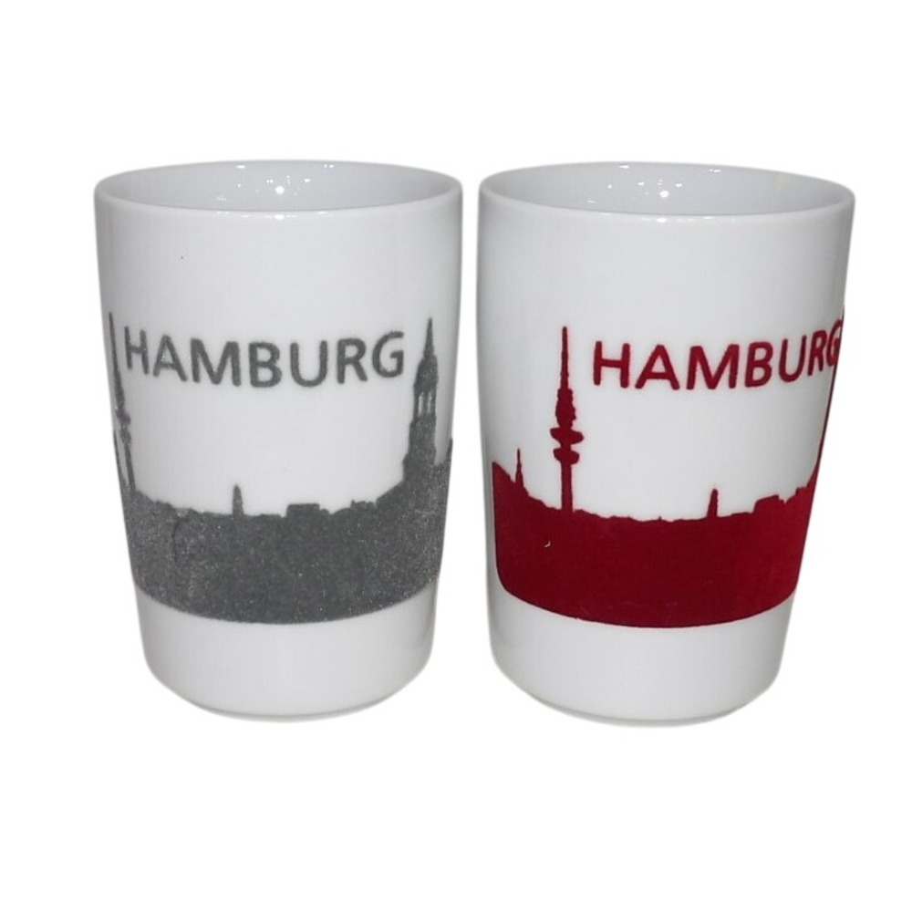 Kahla Germany Hamburg Skyline Porcelain Tumbler Set Red Grey Flocked Velvet Mugs